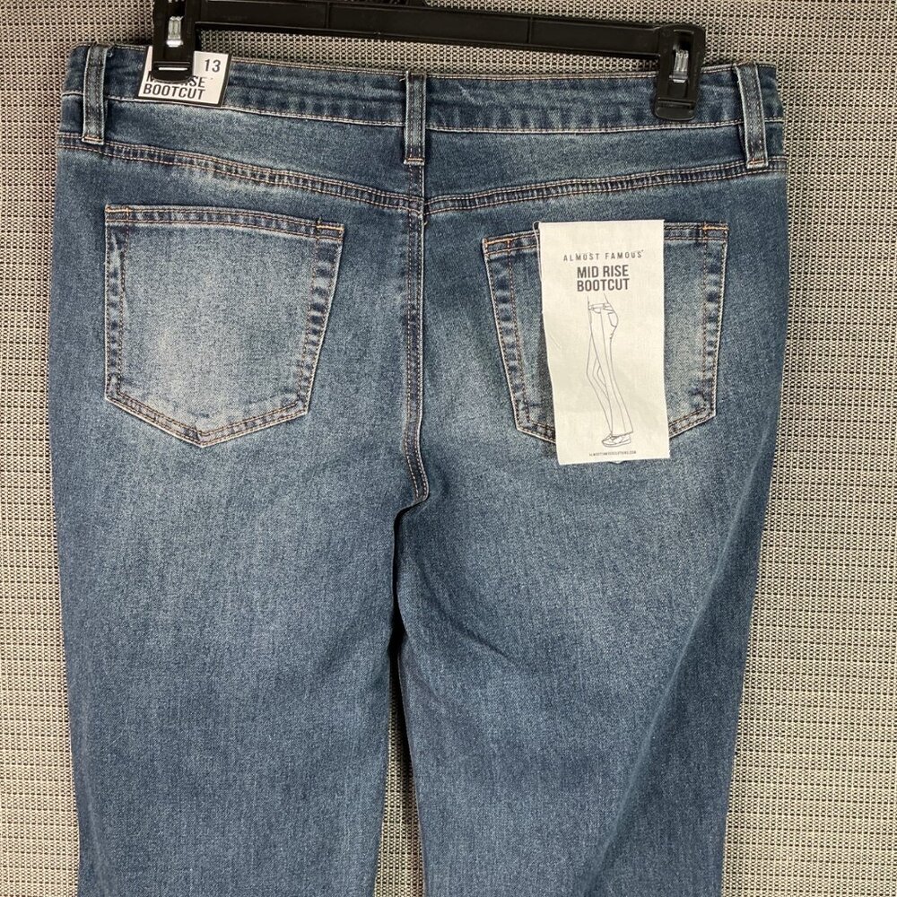 Almost Famous Womens Size 13 Blue Mid-Rise Bootcut Jeans Denim Distressed Look - Picture 5 of 11